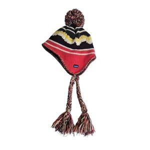 KAVU Wool Blend Pom Pom Hat Fleece Lined Ear Flap Trapper Multicolor Tassel Ties